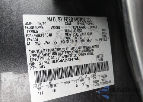 2010 Lincoln Mkx from USA, damaged, VIN 2LMDJ8JC4ABJ34788